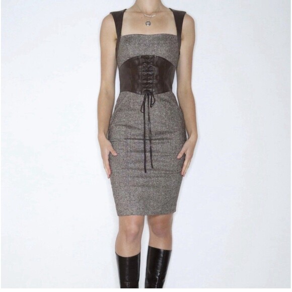 bebe Dresses & Skirts - Vintage Y2K Bebe Corset Waist Bodycon Midi Dress Real Leather Straps Size 4